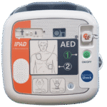 iPAD SP1 fully automatic defibrillator with compact white casing, clear status indicator, and simple rescue interface designed for emergency cardiac response.